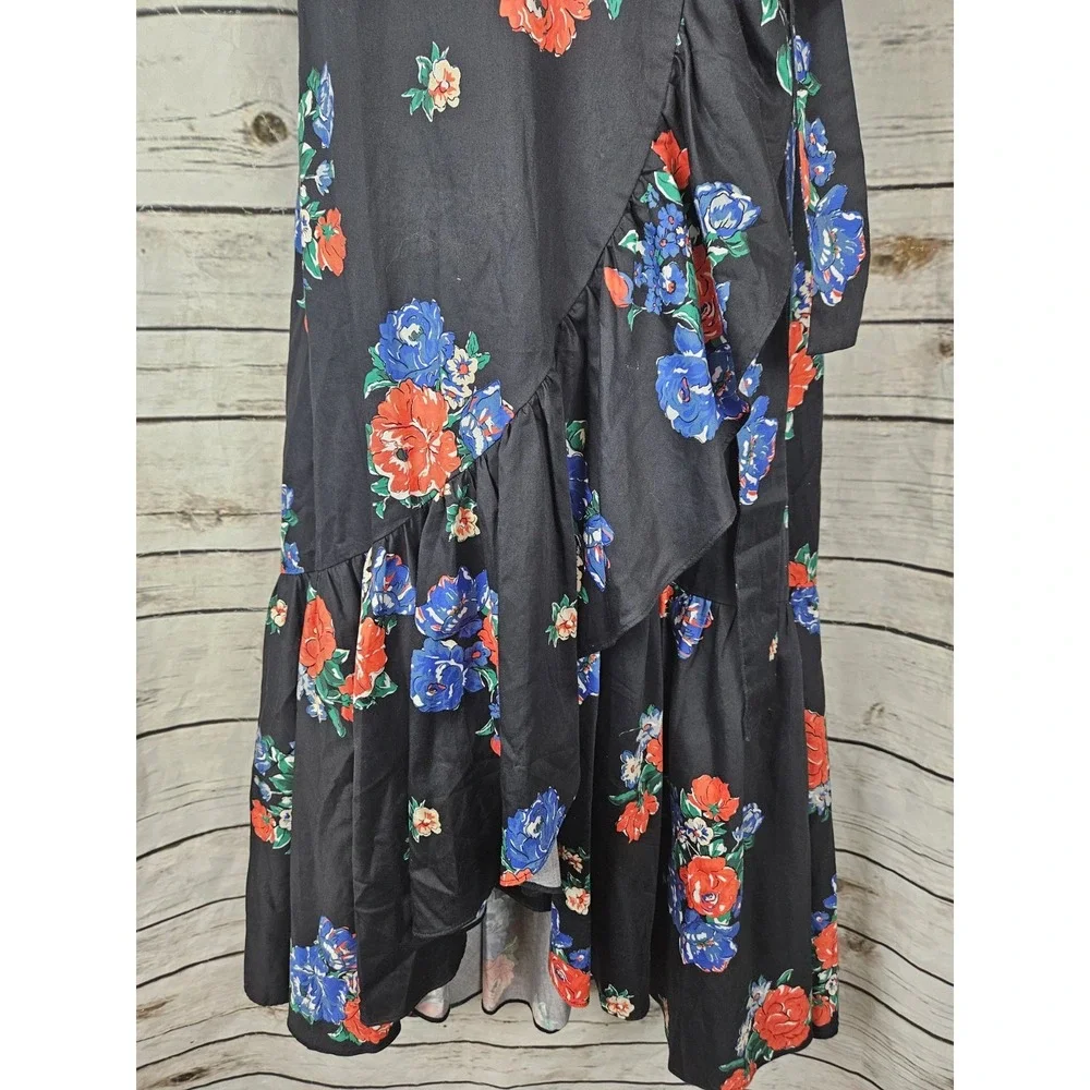 Tory Burch Navy Floral Printed Wrap Dress S Ruffle High Low Hem Sleeveless